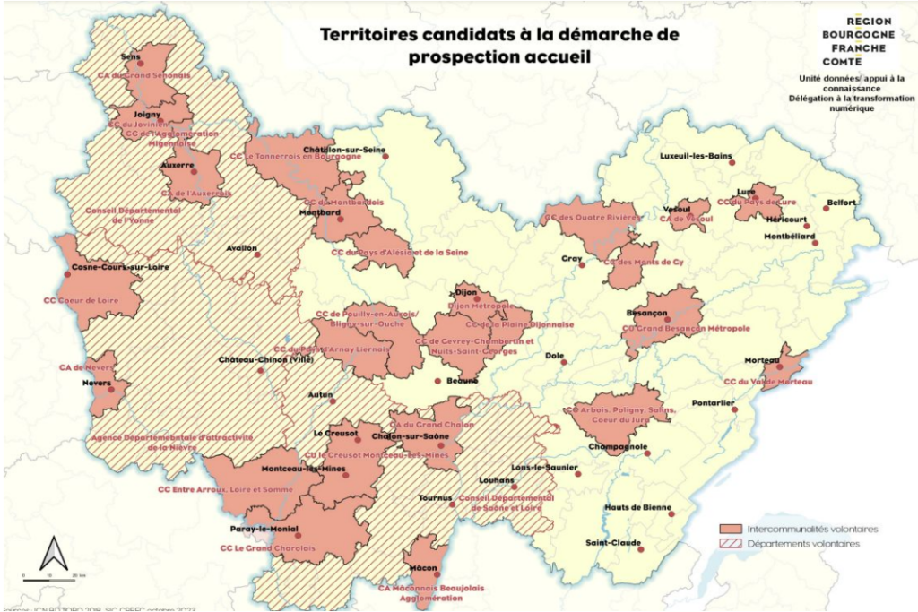 Carte des territoires candidats à la démarche attractivité de la Région Bourgogne Franche-Comté